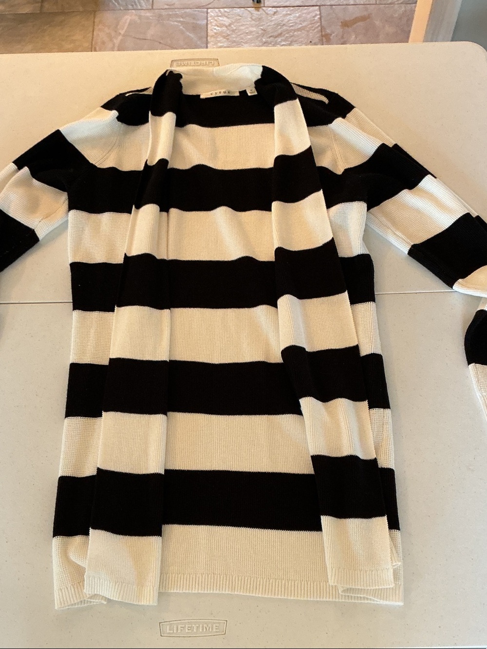 Black and White Striped Open Front Women's Sweater